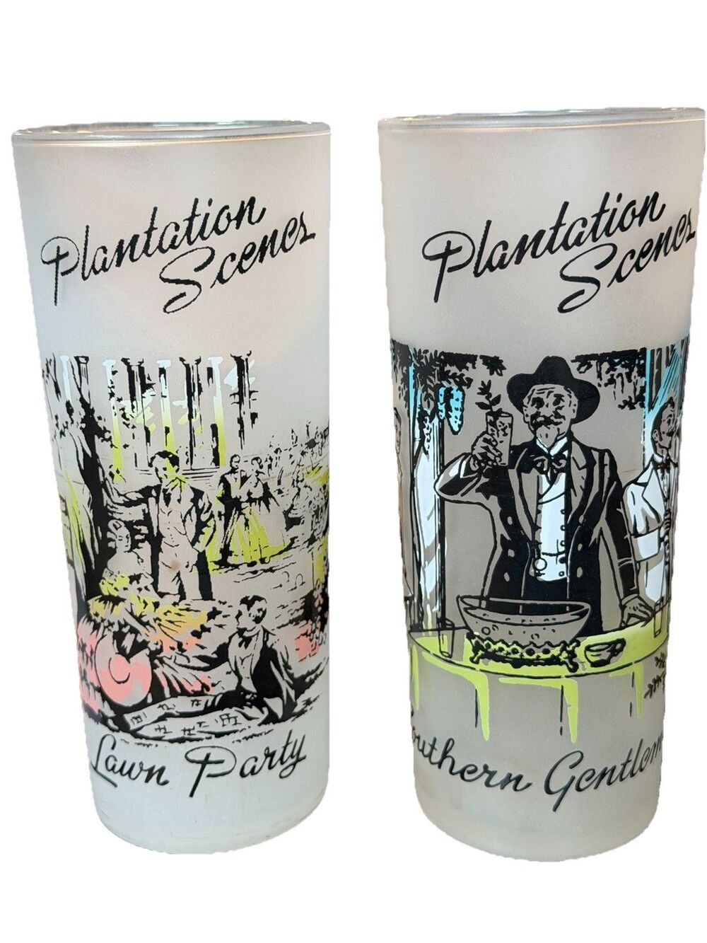 Libbey Plantation Scenes Frosted Glasses Lawn Party & Southern Gentlemen